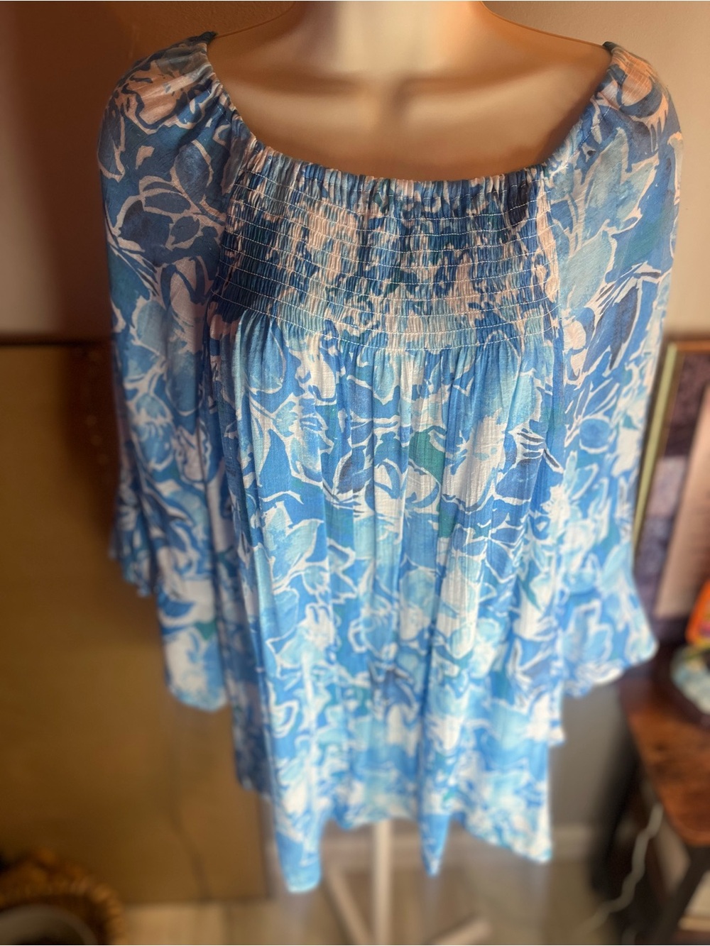 Blue & White Floral Smocked Neck Peasant Top